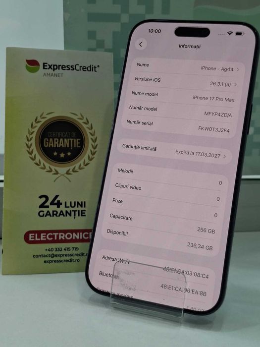 Iphone 17 Pro Max 256Gb 100% bateria (AG44 B:7442)-garanie 2 ani!