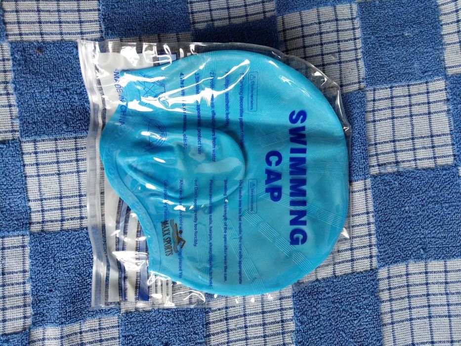 Шапочка для плавания синяя с ушами, силикон