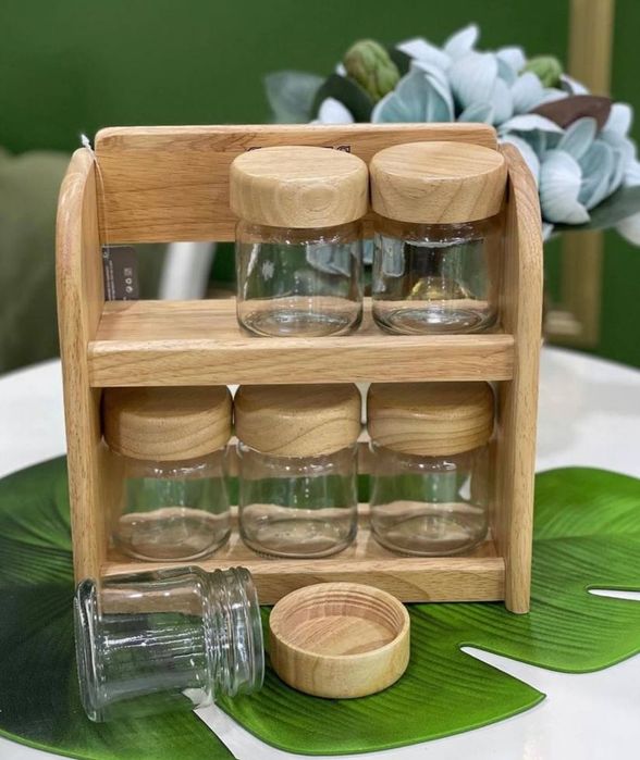 Набор стеклянных банок для специй с деревянным стендом WM-212