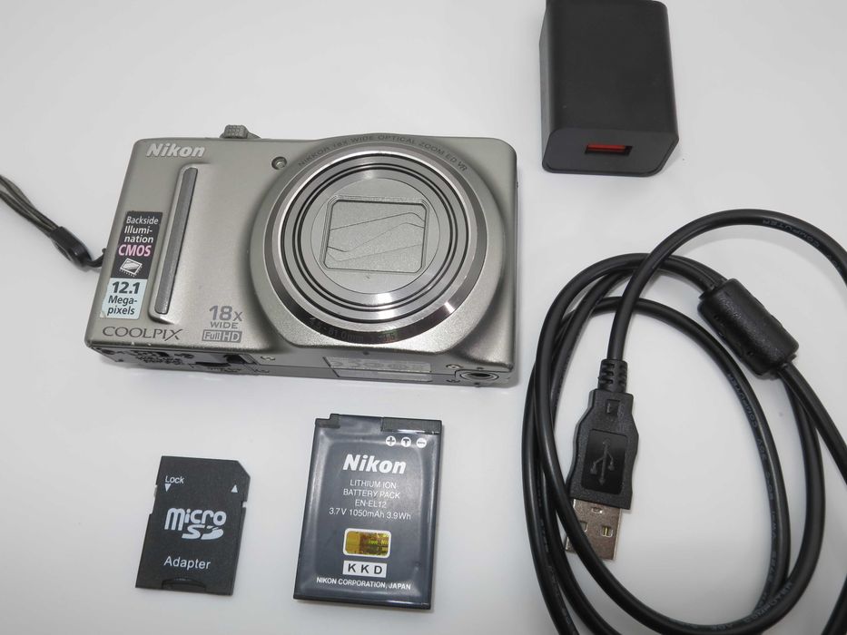 Nikon Coolpix S9100 компактен фотоапарат, дигитална камера с 18х оптичен зум, Full-HD видео, в отлично състояние, пълен комплект, работи перфектно