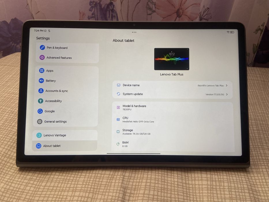 Tabletă Lenovo Tab Plus (TB351FU) – 8GB RAM / 128GB, Baterie 97% (Ca Nouă)