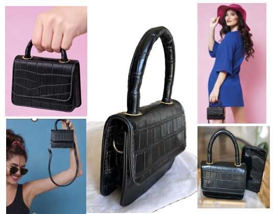 Gentuta mini - piele ecologica neagra, cu efect crocodil