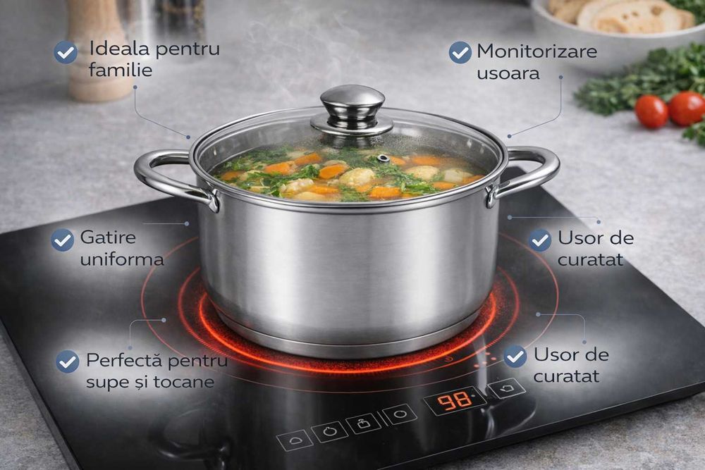 Oala inox Swiss Z Line ZSC-1220 20 cm cu capac sticla 3.5 L