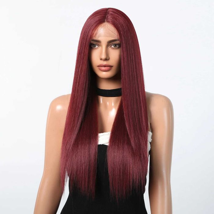 73 см Тъмно червена бургунди бордо права перука с дантела 13x4x1