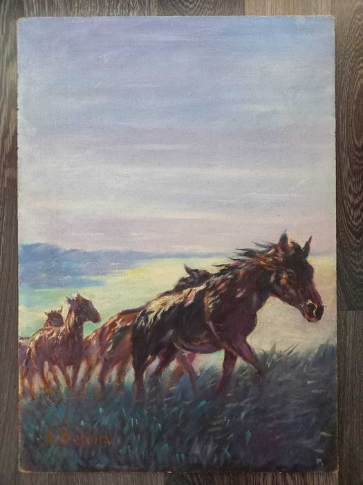 A. Bellomi – „Cai urcând un deal” – ulei pe placaj, 35 × 50 cm
