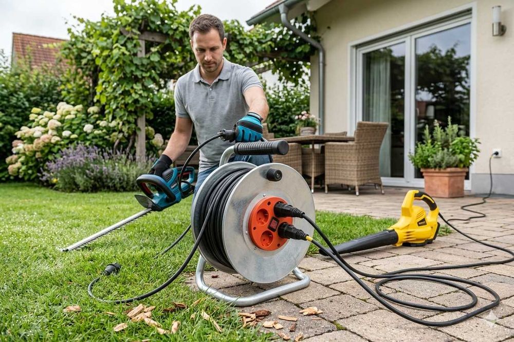 Rola metalica 50m cu 4 prize cablu profesional heavy duty