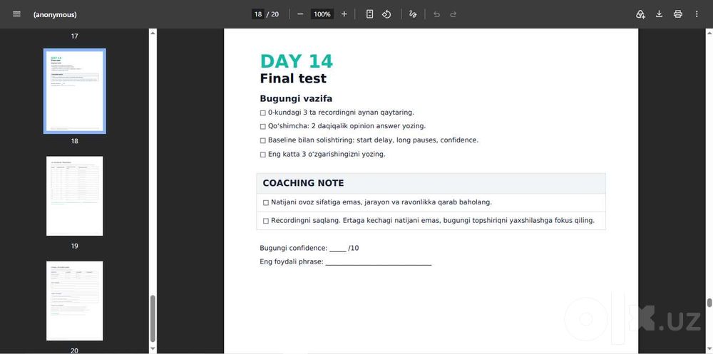 14 kunlik SPEAKING chellenj | IELTS prep. uchun PDF material