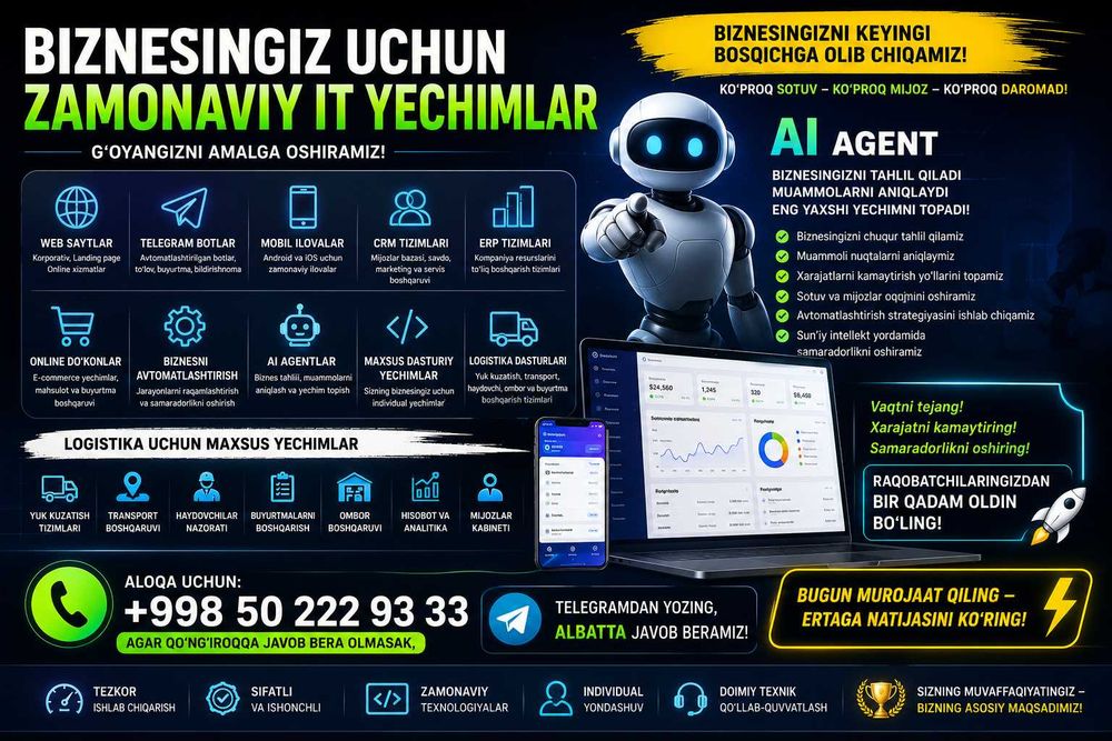 Web Sayt Telegram Bot Mobil Ilova CRM ERP Xizmatlari