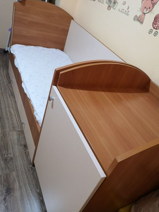 Детско дървено легло с предпазен борд (2-6 години) + шкаф