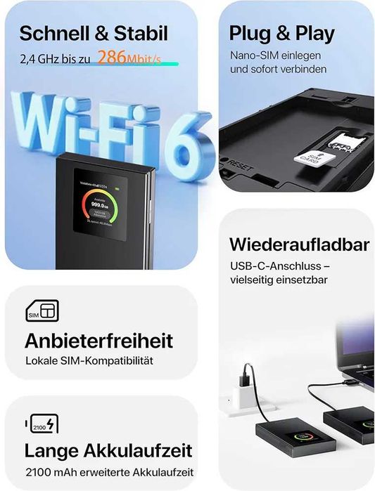 Мобилен WiFi рутер Tenda, преносим Hotspot Wi-Fi 6, 2100mAh, USB-C, мини размер