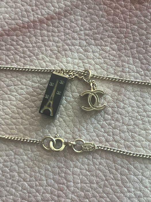 Original Chanel Enamel Eiffel Tower CC Logo Pendant Necklace