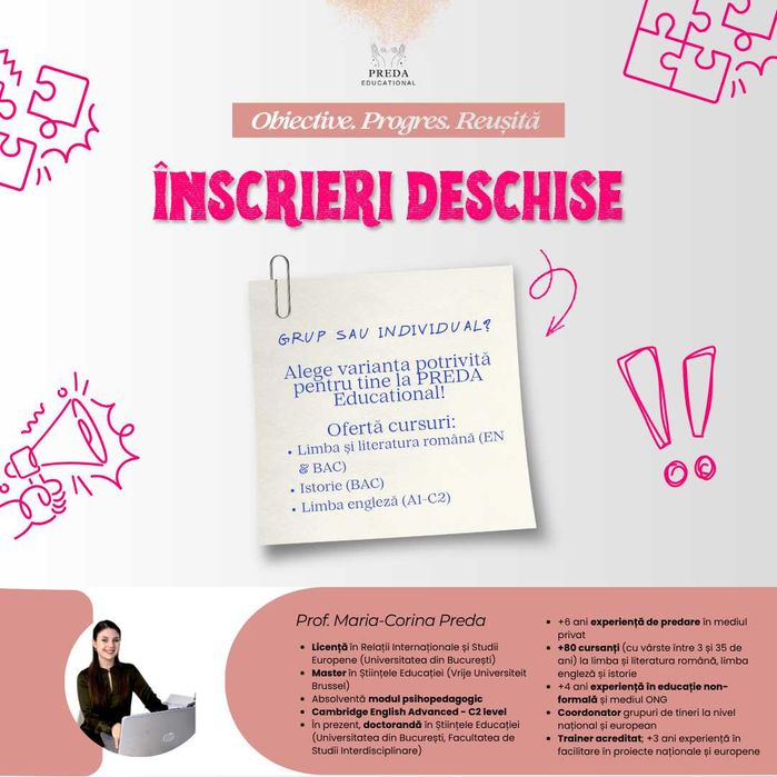 Meditații/Cursuri online (EN/BAC - limba română & istorie; pregătire lb. engleză)