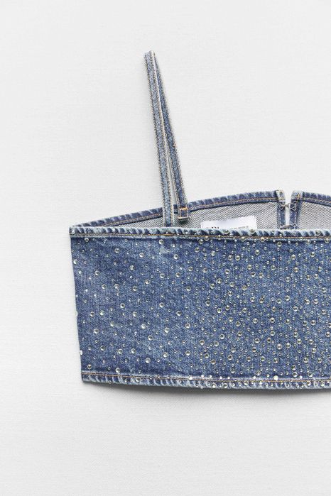 Дънков топ с камъни Zara, XS-S