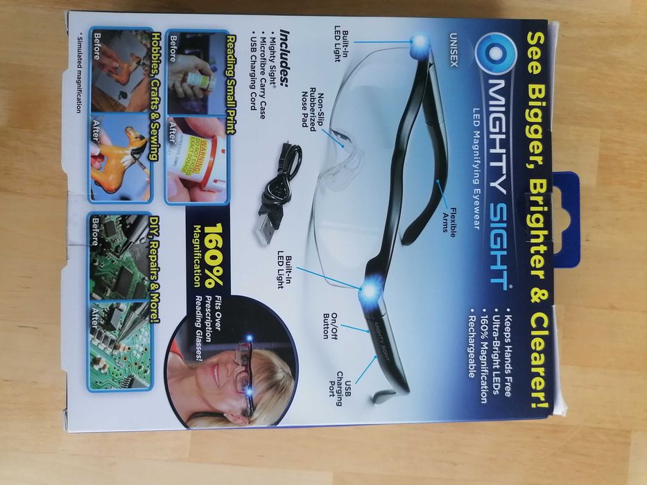 Ochelari cu lupă și LED Mighty Sight Mărire 160%  Reîncărcabili USB  Hands Free Unealta Citit