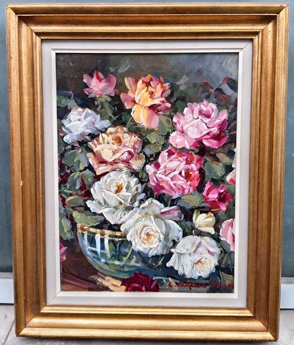 Tablou vechi - bol cu trandafiri - semnat C. Cutescu Storck