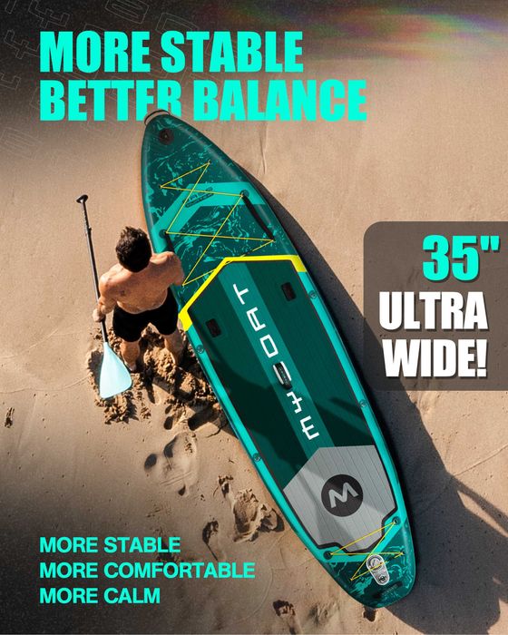 Нов, висок клас, широк 350 СМ надуваем падъл борд all-round SUP MYBOAT MY16 (Bass Hunter Green PRO) в тюркоазено-зелен дизайн.