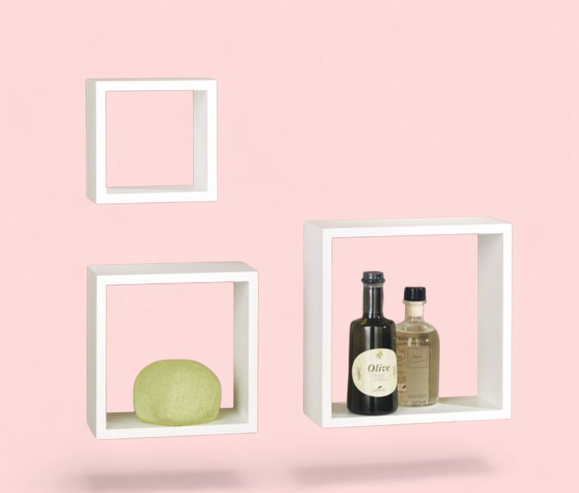 Рафтове за стена, бели, 3бр квадратни етажерки в комплект