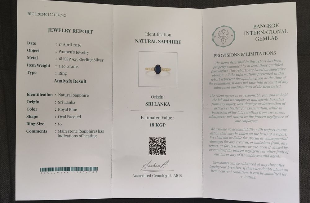 Сребърен пръстен сърца с натурален Сапфир Royal Blue 2.29 карата от Шри Ланка, 18К позлата и сертификат