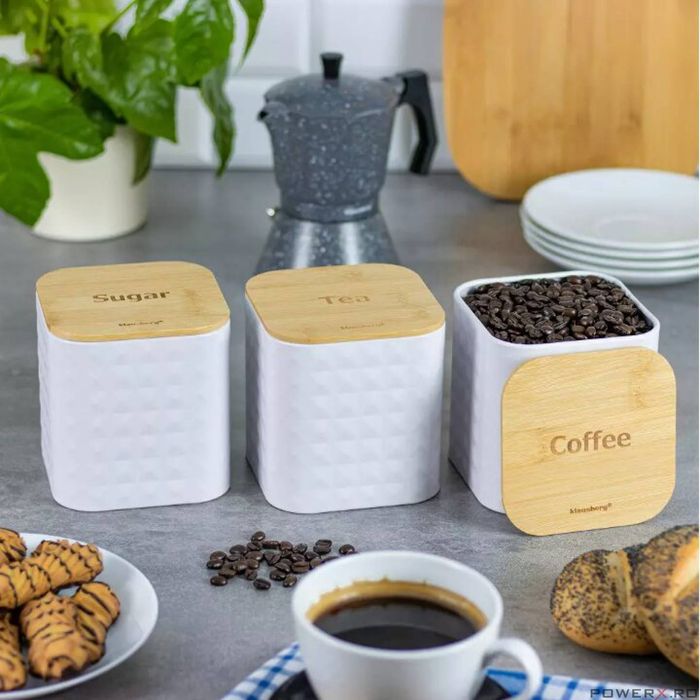 Recipiente pentru cafea, ceai, zahar, inox-bambus, albe, Klausberg