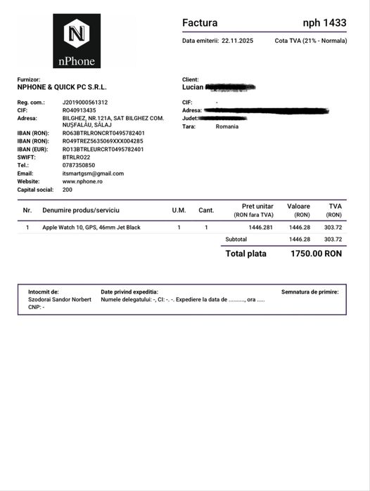 Ceas Apple Watch Series 10 GPS 46 mm Jet Black, Battery Health 100%, Garanție Apple până în 23.11.2026, Ca Nou