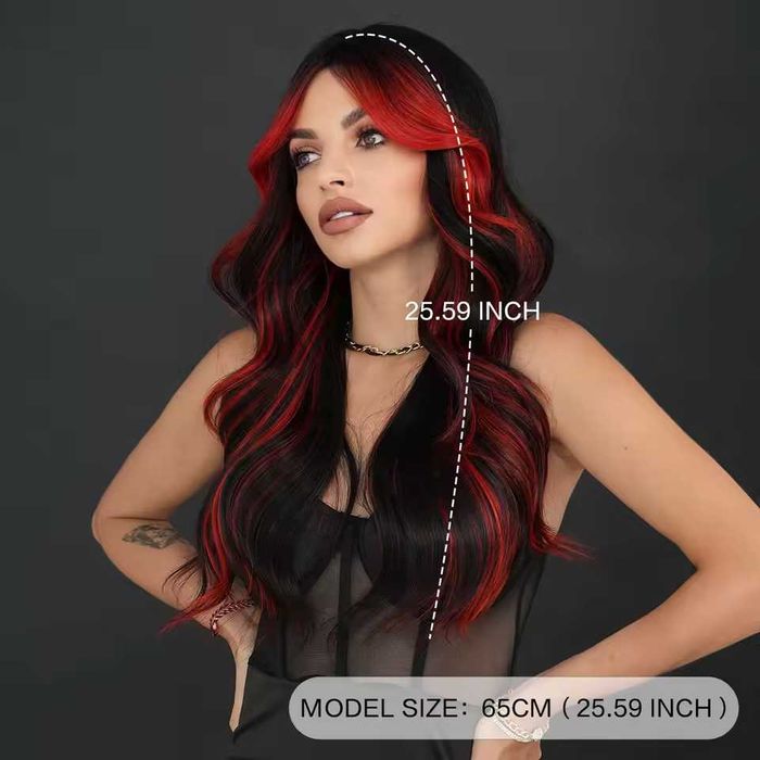Ефектна черна перука с червени кичури с дълъг бретон