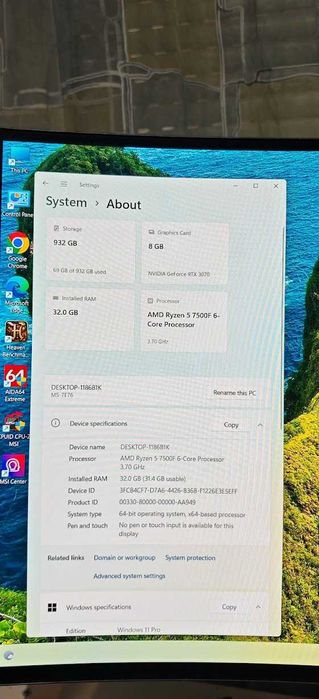 Продавам Добър Геймърски Комютър Ryzen 5 7500F/32GB/1000GB SSD/Asus TUF Gaming RTX 3070/Гаранция