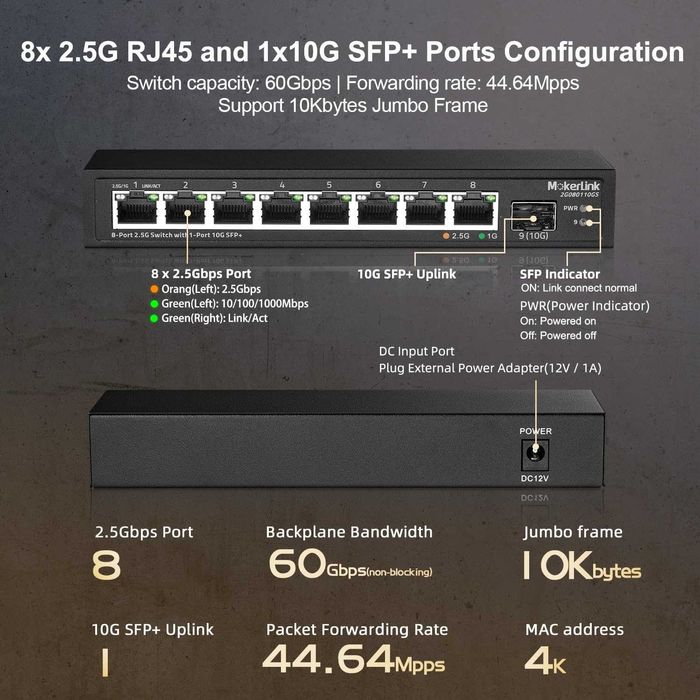 Switch Ethernet MokerLink 8 port 2.5 Gigabit SFP 10G negestionat