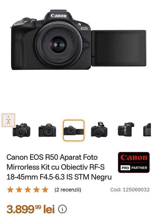 Canon EOS R50 Aparat Foto Mirrorless Kit cu Obiectiv RF-S 18-45mm F4.5-6.3