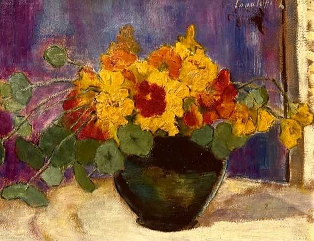 "Vas cu FLORI" Tablou VECHI, ulei/cart semnat Cca 65x55cm (50x40 pictu