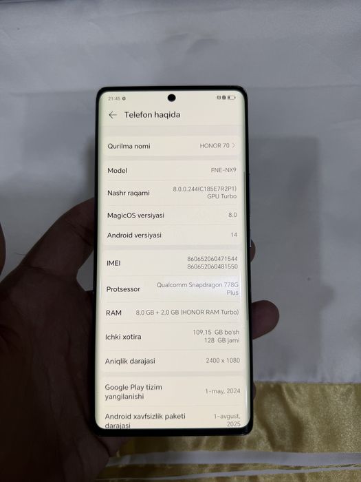 honor 70 pamit 8.128g holati yahwi 1.2 ta joyida qirilgan joyi bor nom