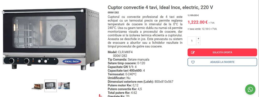 Cuptor convectie 4 tavi, Ideal Inox, electric, 220 V