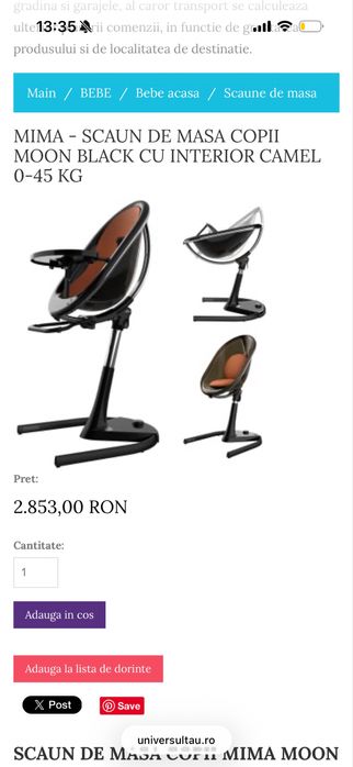 Scaun de masa Mima Moon 2G High Chair- 0-45Kg - Toate Accesoriile - Stare Excelenta