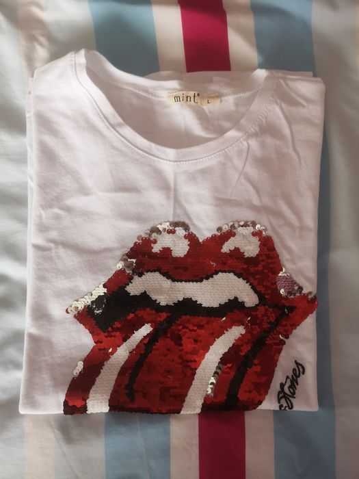 Бяла тениска Rolling stones с пайети