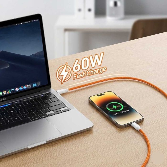 Cablu USB-C la USB-C 60W, Wyred by Monga, 1m, Împletit, Portocaliu NOU