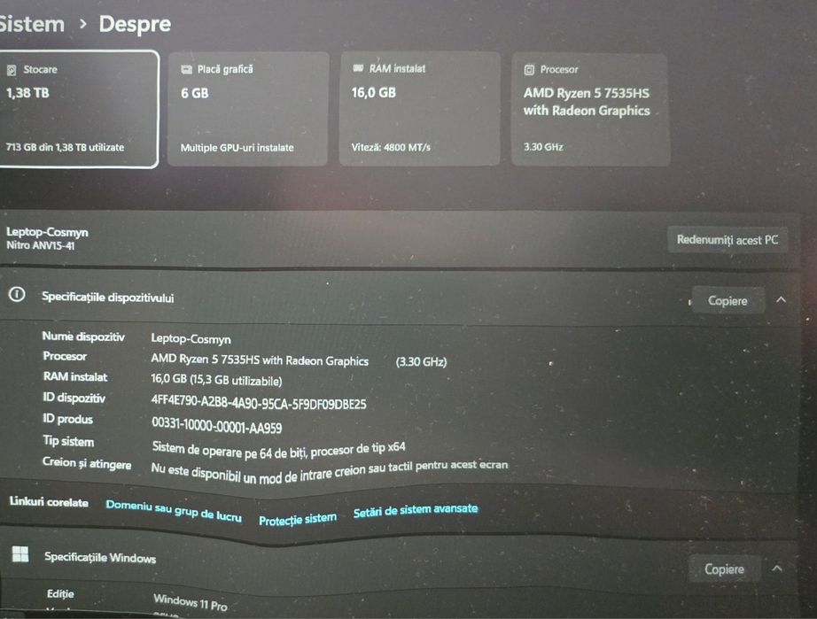 Laptop Gaming Acer Nitro V15 in garantie,SSD 1 TERA, 16 GDDR5 VIDEO 3050 6 G