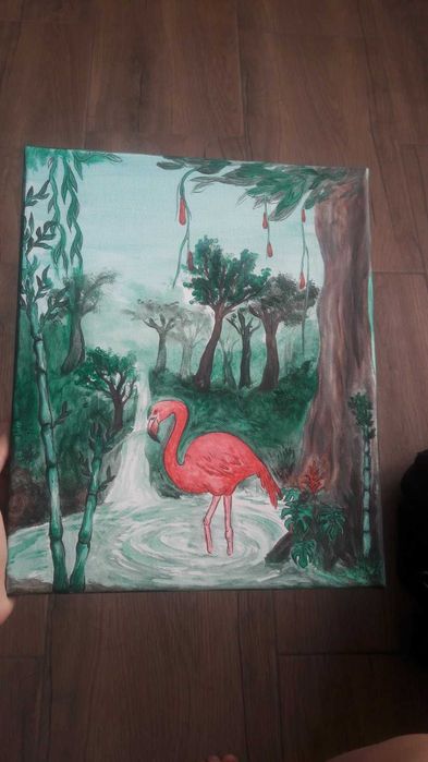 Продавам красива картина на розово фламинго в джунгла ръчно нарисувана с бои.
