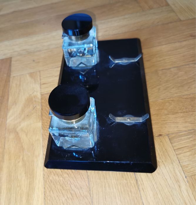 Мастилница мраморна оригинален комплект в стил Арт Деко две стъкленици