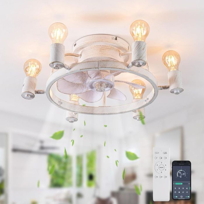 Ventilator tavan joasă înălțime 52cm cu 6 becuri E27 & telecomandă – alb