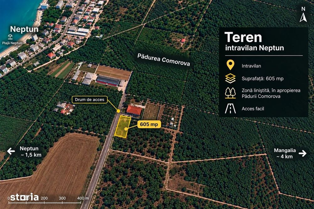 Teren intravilan 605 mp | Neptun – Comorova | Deschidere la șosea