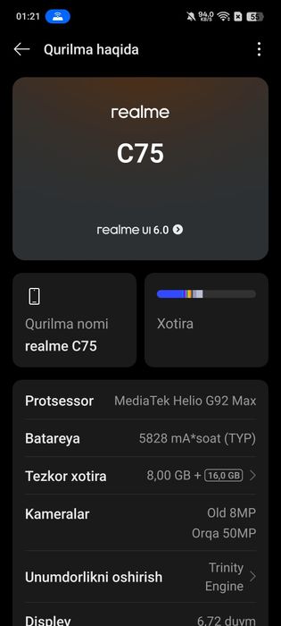 Assalomu alaykum  Realme c75 sotiladi oladiganlar yozing