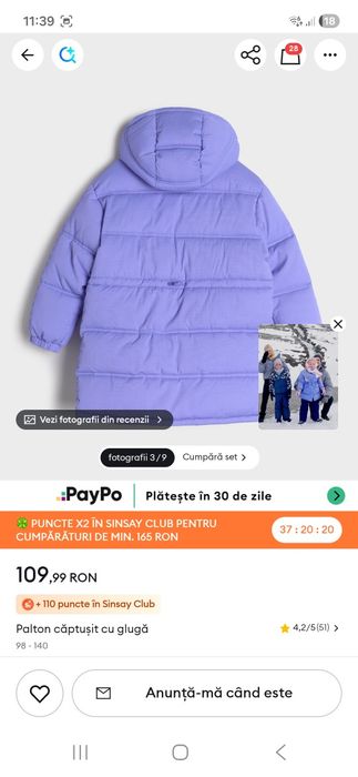 Geaca/fac  lila fete, 104 cm lungime impecabila