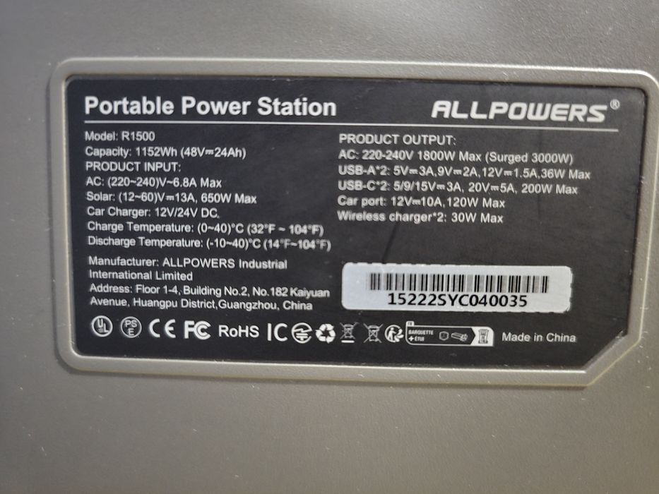 Преносима Електростанция ALLPOWERS R1500 с 1152Wh LiFePO4 батерия и 1