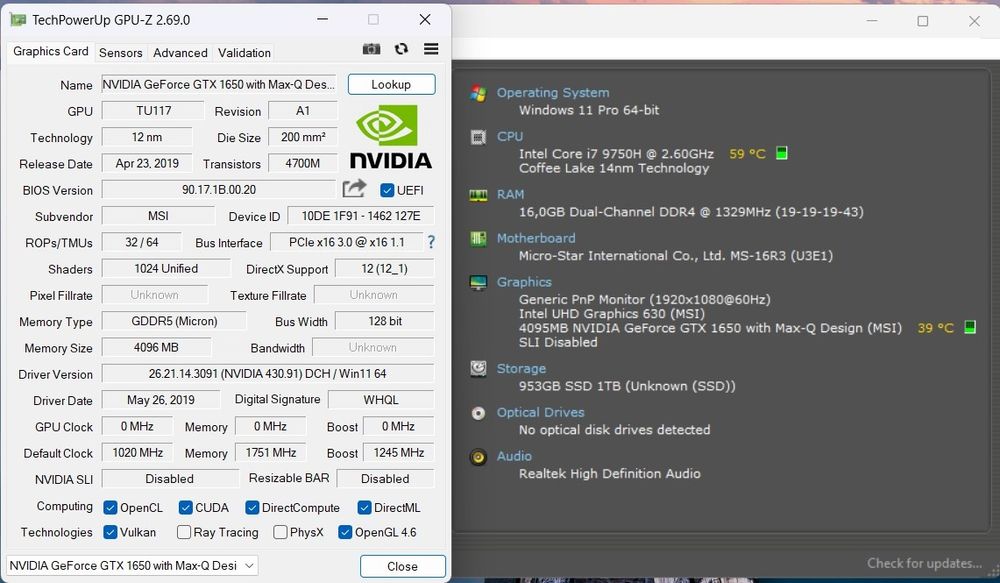 Laptop Gaming MSI GF63 i7 9750H 2,6Ghz/4,5Ghz, 16GB 1TB SSD Nvme, GTX 1650 4GB, Win11 Office 2024