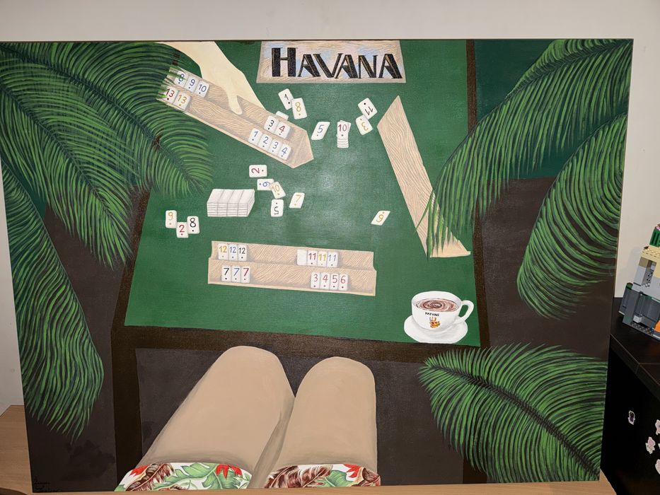 Pictura  cu tema ,,Femeie cubaneza jucand remi” in ulei pe panza