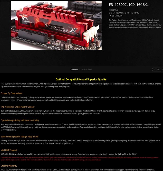 RAM 16GB 2x8gb G.SKILL RipjawsX 1600Mhz DDR3 KIT