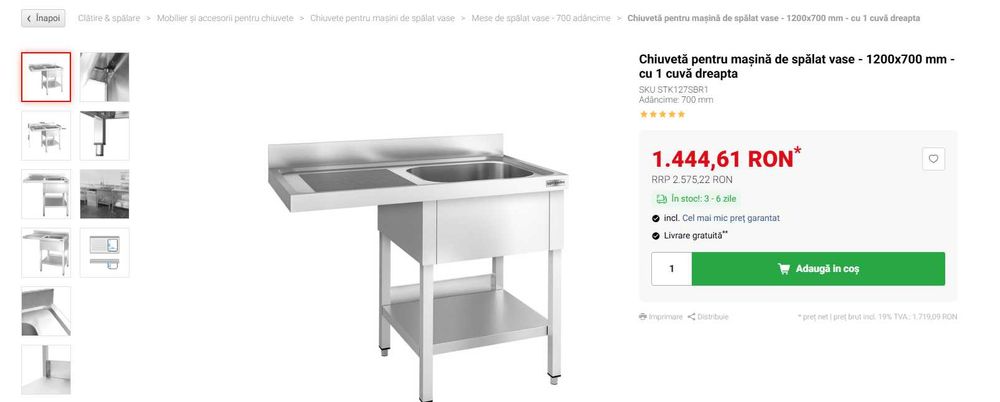 Chiuvetă profesionala bucatarie inox(potrivita si pentru mașină de spălat vase) - 1200x700 mm - cu 1 cuvă dreapta