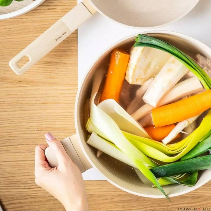 Set 4 oale si 2 tigai cu strat antiaderent, bej, 12 piese, capac