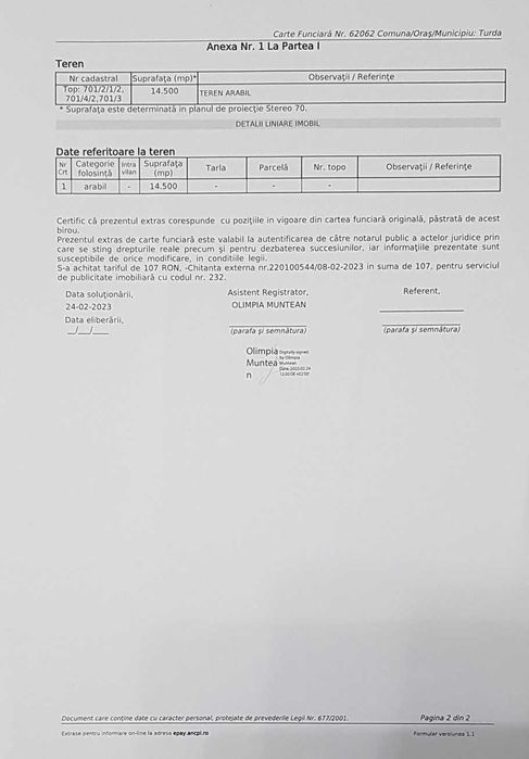 Teren Extravilan Agricol in  Poiana Turda 14500 mp INTABULAT