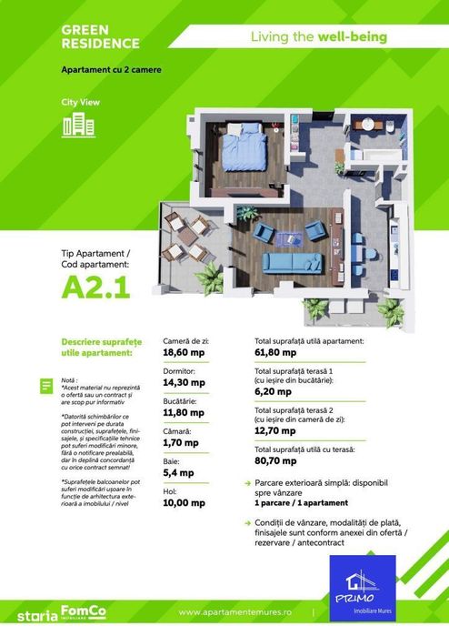 Apartamente noi cu 2 camere, finisate in complex Green Residence