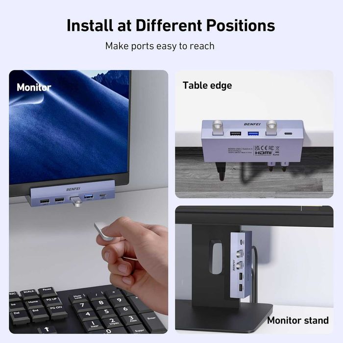 BENFEI 8-в-1 USB C хъб със сигурна скоба – 4K/60Hz HDMI, 2 x USB-A 3.2